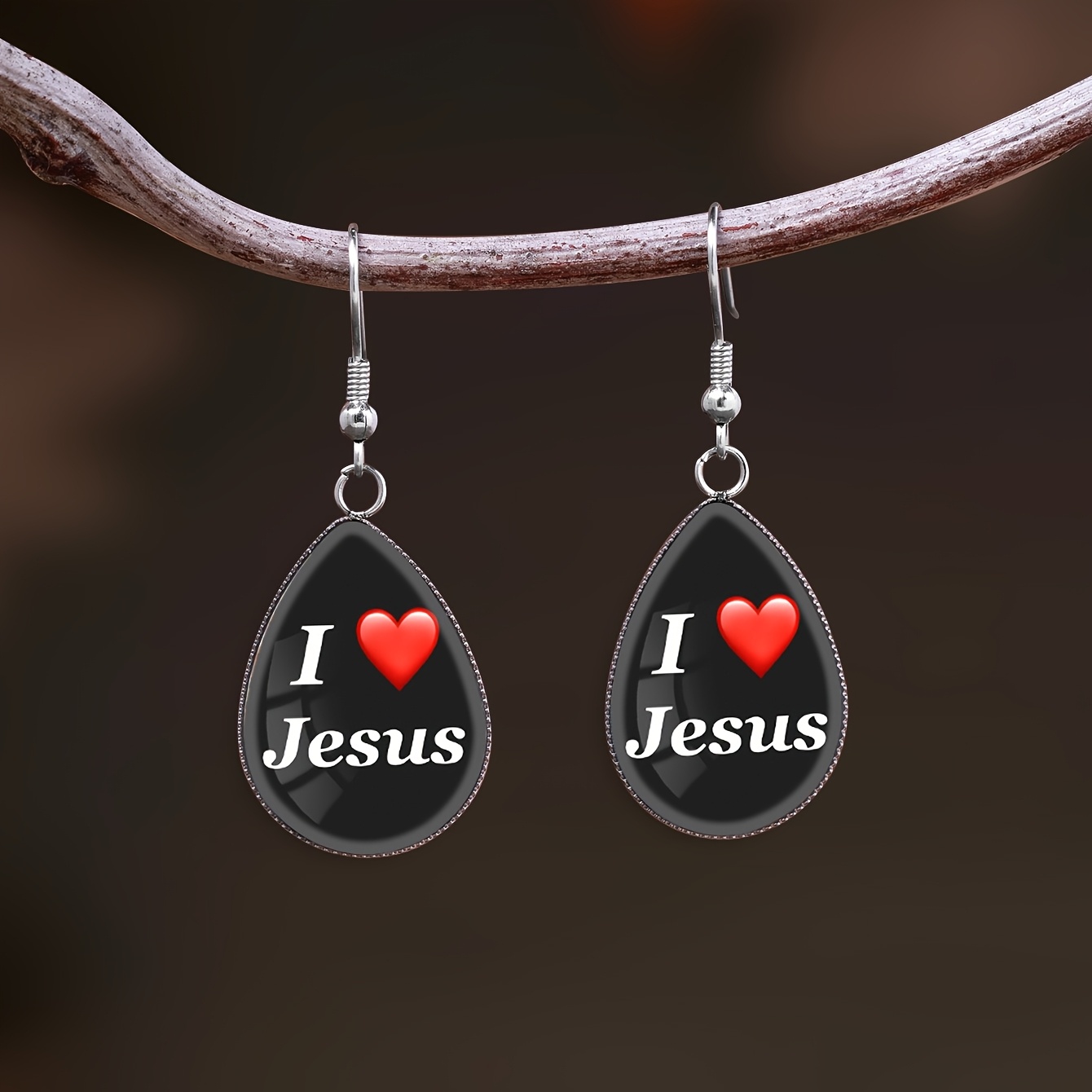 Black Heart-Shaped Letter Pattern Water Drop Ear Hooks